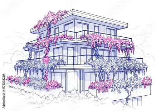 Contemporary modern house with lush pink flowering vines on balconies