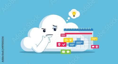Thinking Cloud Character with Calendar and Idea.