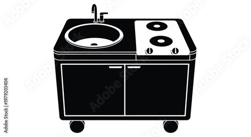 Compact kitchen unit with sink and cooktop isolated on white