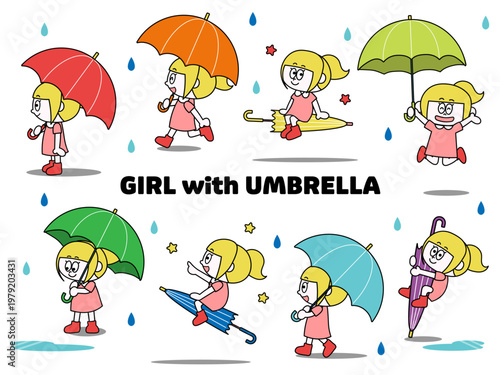傘を持った子どものイラストセット（女の子）（ベクター）