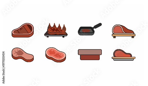 Cartoon steak food icons with grilled meat BBQ cuts and butcher meat set playful flat vector illustration for menus and apps isolated on white