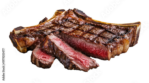 Grilled t-bone steak sliced with herbs and spices on transparent background.