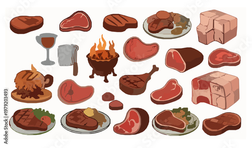 Cartoon steak icon collection with BBQ grilled meat butcher cuts and food platter illustrations playful vector set isolated on white