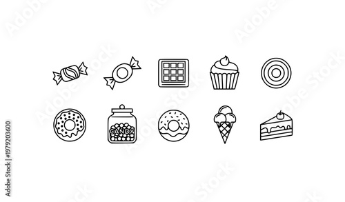 Minimal confectionery line icons with candy chocolate cupcake and dessert sweets monoline vector set for apps and bakery UI design isolated on white