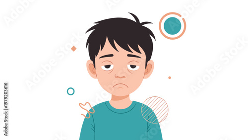 Close-up portrait of a young boy with a tired and sad facial expression emphasizes themes of fatigue, depression, or lack of sleep in kids.
