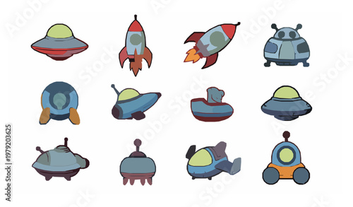 Cute cartoon spaceship icon set with rocket UFO alien ship and space shuttle playful vector collection isolated on white