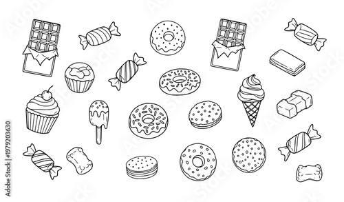 Confectionery outline icon collection with candy chocolate cupcakes donuts and sweet desserts hand drawn line vector set isolated on white