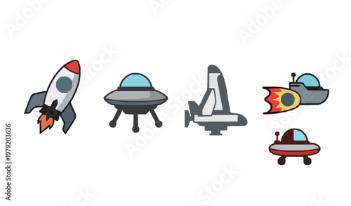 Cartoon spaceship icons with rocket UFO shuttle and sci fi space vehicles flat vector set for apps and UI design isolated on white