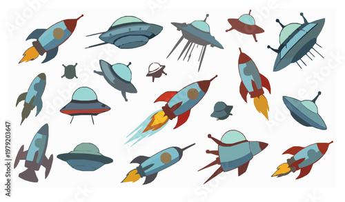 Cartoon spaceship icon collection with rockets UFOs and sci fi spacecraft playful vector set isolated on white