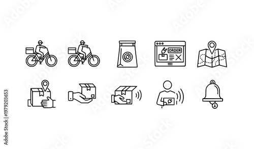 Minimal food delivery line icons with bike tracking order and contactless service monoline vector set for apps and websites isolated on white