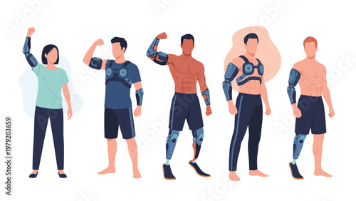 People with advanced prosthetic limbs and bionic exoskeletons demonstrate strength and future medical technology for physical rehabilitation.