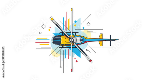 Technical top-down view of a modern helicopter with colorful abstract shapes represents aviation design, engineering, and transport concepts.