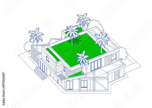 Isometric view of a modern house with a green roof and palm trees