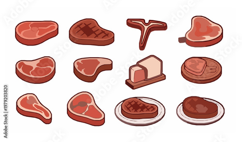 Cartoon steak and meat icons set with beef cuts ribeye BBQ and grilled steak food illustration collection isolated on white