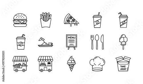 Food court outline icons set with burger pizza fries drinks and restaurant elements thin line vector collection for web design isolated on white