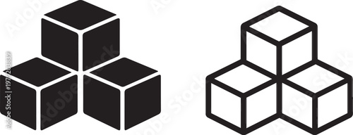 Two arrangements of stacked cubes one solid black and one with outlined shapes