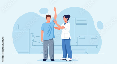 Physical therapist assisting patient with arm rehabilitation in hospital room