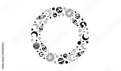 Hand drawn space doodle circle frame with cute planets stars moon sun and rocket in crayon sketch style childish cosmic vector isolated on white