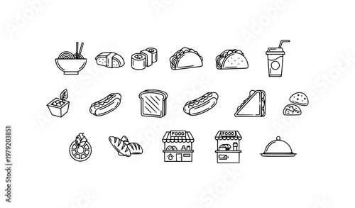 Minimal food court line icons with noodle sushi taco sandwich and drink symbols modern monoline vector set for apps and websites isolated on white