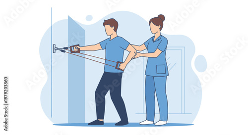 Physical therapist assisting patient with resistance band exercise for rehabilitation and strength training