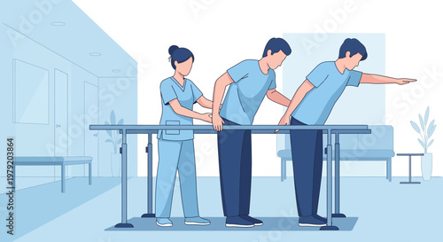 Physical therapist assisting patient with rehabilitation exercises using parallel bars