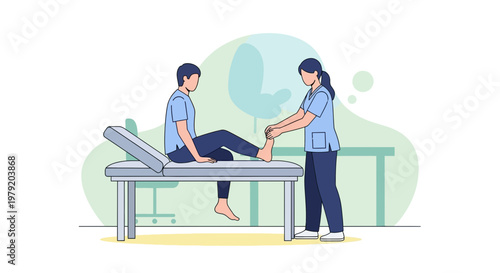 Physical therapist examining patient's leg on examination table, rehabilitation concept
