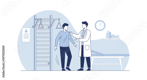 Physical therapist examining patient with exercise equipment and medical table in background