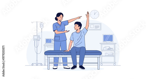 Physical Therapist Guides Patient Through Arm Movement Exercise in Clinic