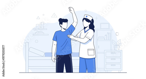 Physical therapy session: nurse assisting patient with arm movement in clinic room