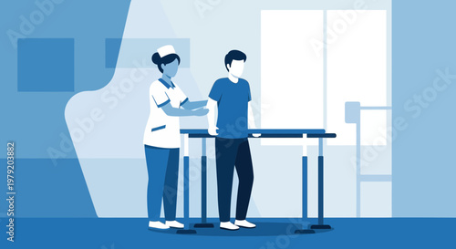 Physical therapy patient walking with nurse assistance in rehabilitation center