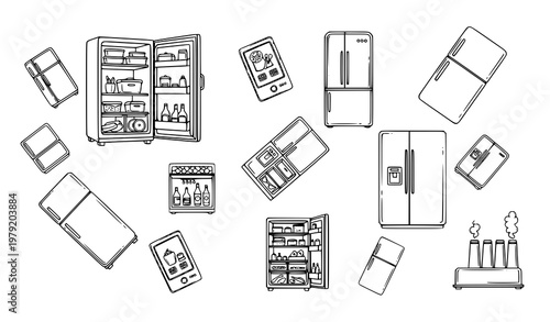 Fridge outline icon collection with open refrigerator smart fridge and freezer appliances hand drawn line vector for web design isolated on white