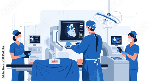 Robotic Surgery: Surgeons and Nurses in Operating Room with Heart Monitor and Robotic Arm