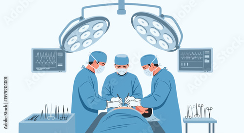 Surgeons Performing Operation in Operating Room with Medical Equipment and Monitors