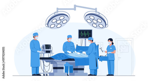 Surgeons Performing Operation in Operating Room with Medical Equipment and Monitors
