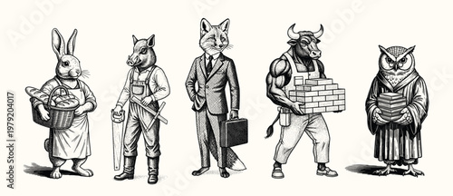 Vintage animal characters dressed as Victorian gentlemen, engraving illustration of people with animal head