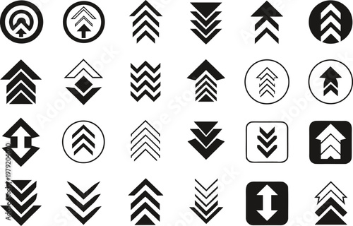 A collection of various black and white arrow icons displaying different styles and directions