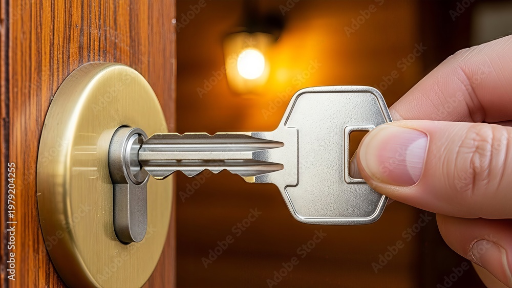 Fototapeta premium Hand inserting a silver key into a brass lock on a wooden door entrance
