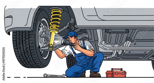 Auto mechanic working on car suspension system.
