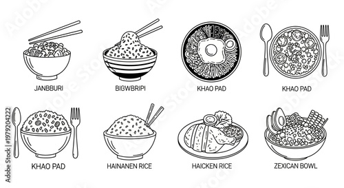 Asian Food Bowls Line Art: Delicious Rice Dishes Collection