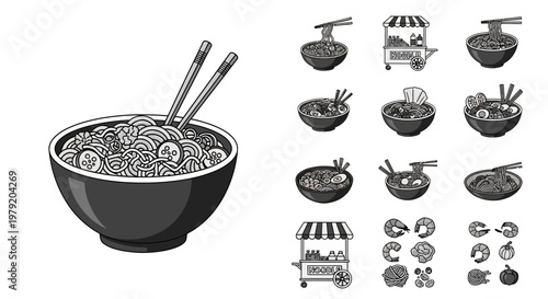 Asian Noodle Bowl With Chopsticks and Food Stall Icons