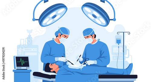 Surgeons performing surgery in operating room with medical equipment and lights
