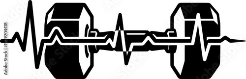 A black and white image of dumbbells with an ecg reading