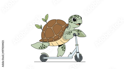 Cute sea turtle character is shown riding a kick scooter with small plants growing from its shell for a whimsical nature concept.