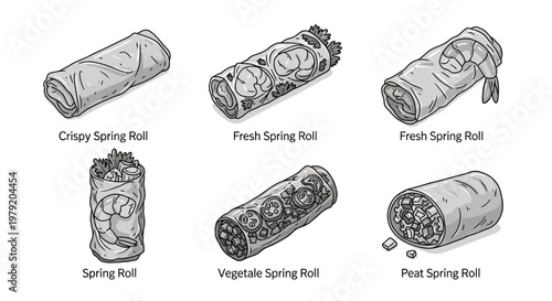 Assortment of Spring Rolls: Crispy, Fresh, Vegetable, and Pea Varieties