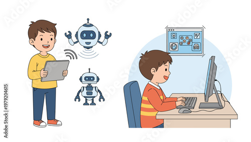 Young boy explores modern technology by controlling robots with a tablet and using a computer for programming or gaming activities.