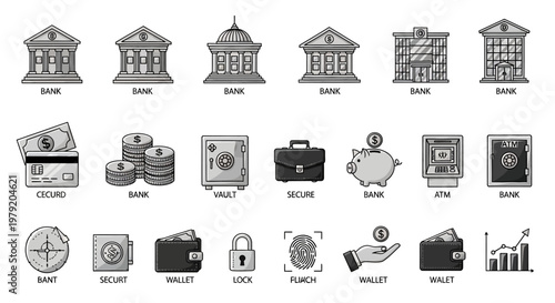Banking and Finance Icons: Bank Buildings, Safes, Wallets, ATM, Piggy Bank