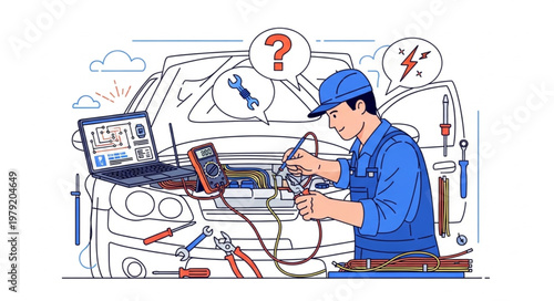Automotive mechanic diagnosing car engine with diagnostic tools and laptop.