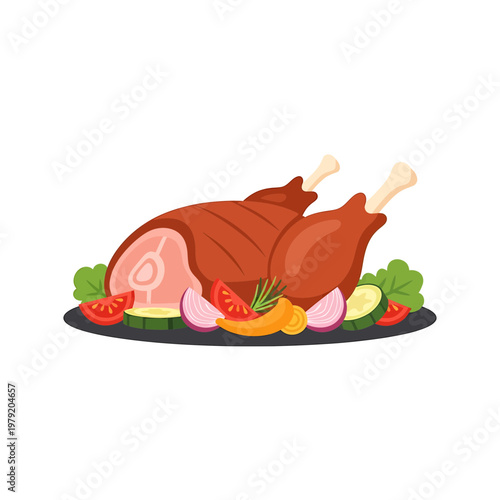 Roasted ham leg with vegetables illustration on white background