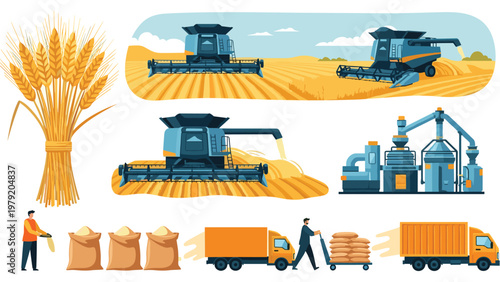 Industrial process of wheat harvesting and flour production shows combines in fields, processing plants, workers, and transport trucks.