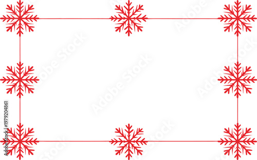 A festive decorative frame border made of vibrant red and yellow snowflakes on white background